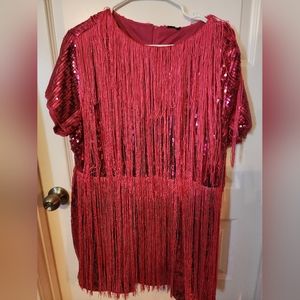 Xpluswear Design Plus Size Hot Pink Party Short Sleeve Fringe Sequin Mini Dress